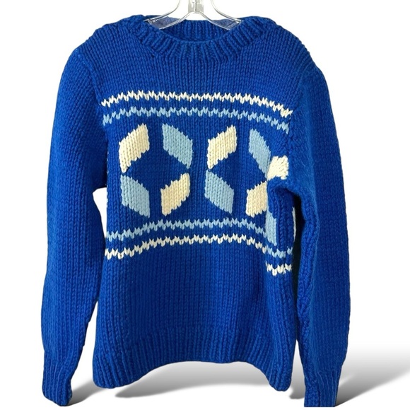 Vintage 70s Fair Isle Chunky Hand Knit Ski Sweater Royal Blue Winter Size - Picture 1 of 8